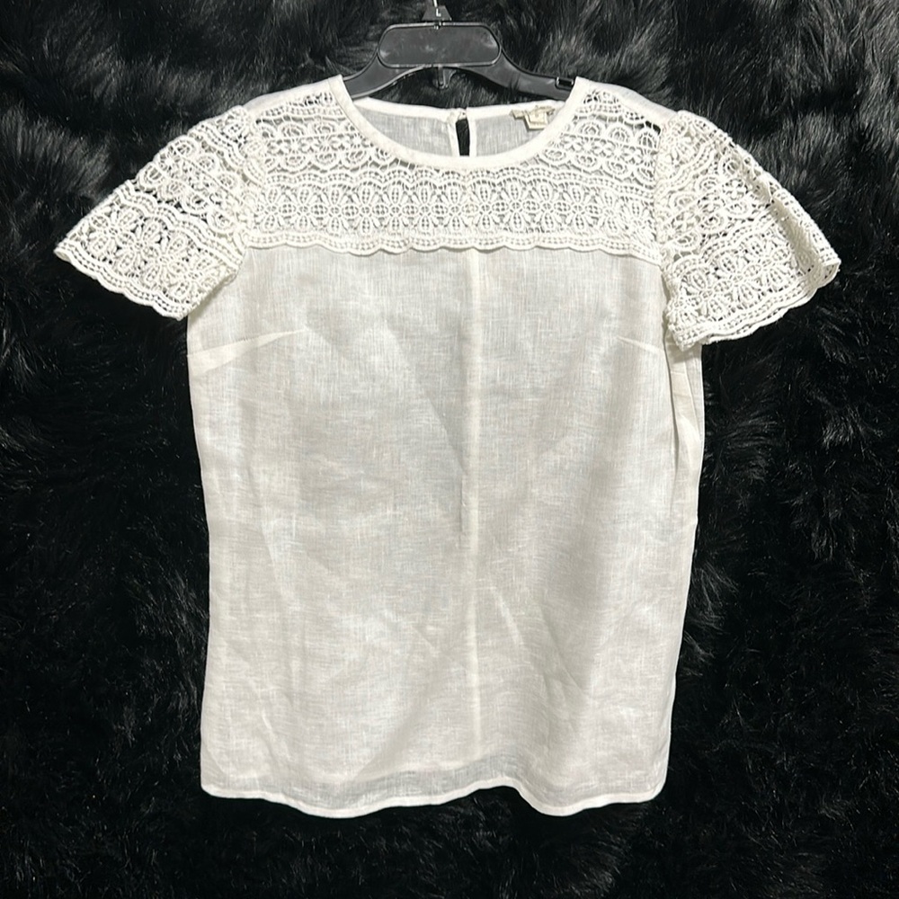 J Crew Womens 100% Linen‎ Shirt Short Sleeve Lace Open Knit Crochet / Size 0